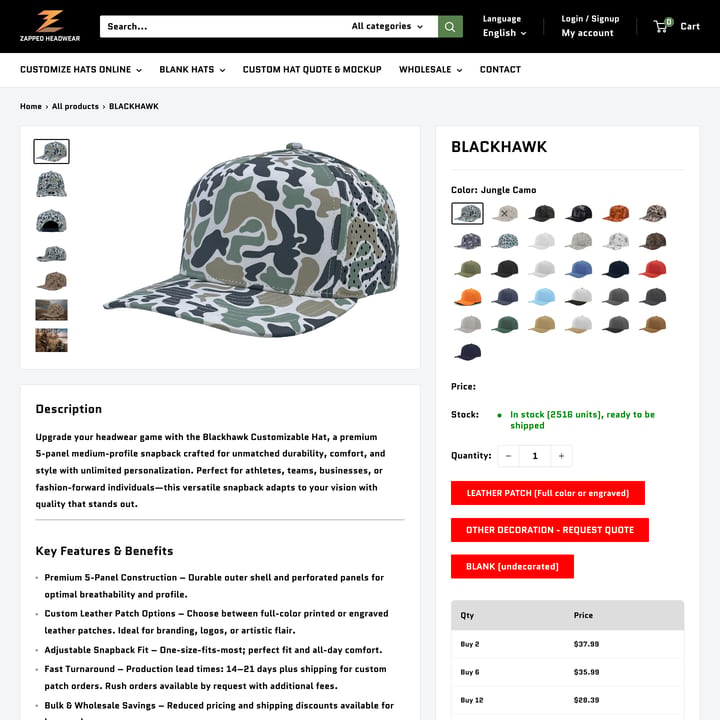 Zapped Headwear Shopify store product customization example — apparel with apparel and clothing