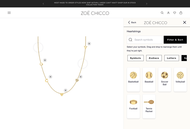 Zoe Chicco Shopify store product customization example — jewelry with personalized