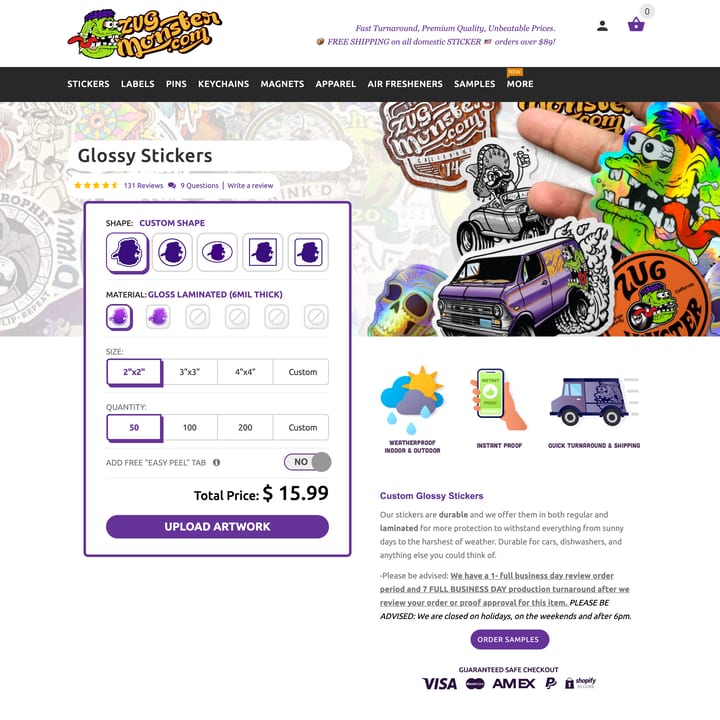 ZUG MONSTER Shopify store product customization example — gifts & occasions with custom size and gifts