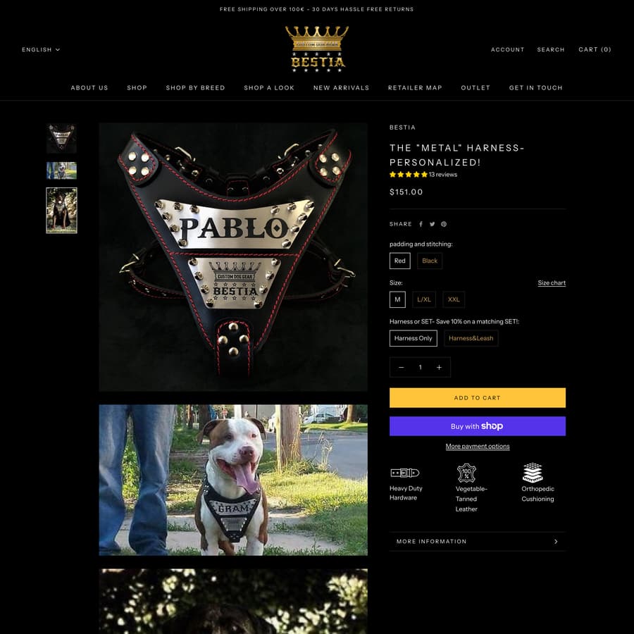 Bestia Collars Shopify store product customization example — pet with animals and custom-size