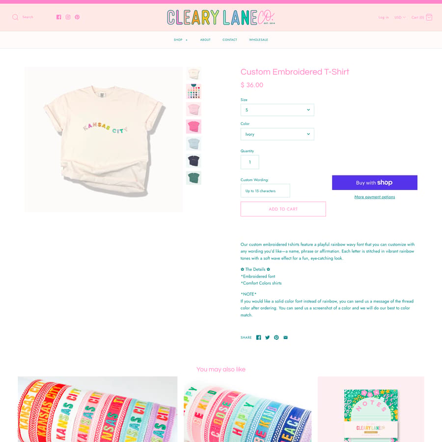 Cleary Lane Co. Shopify store product customization example — gifts & occasions with gifts and live-preview