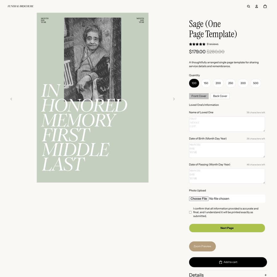 Funeral Brochure Shopify store product customization example — gifts & occasions with gifts and personalized