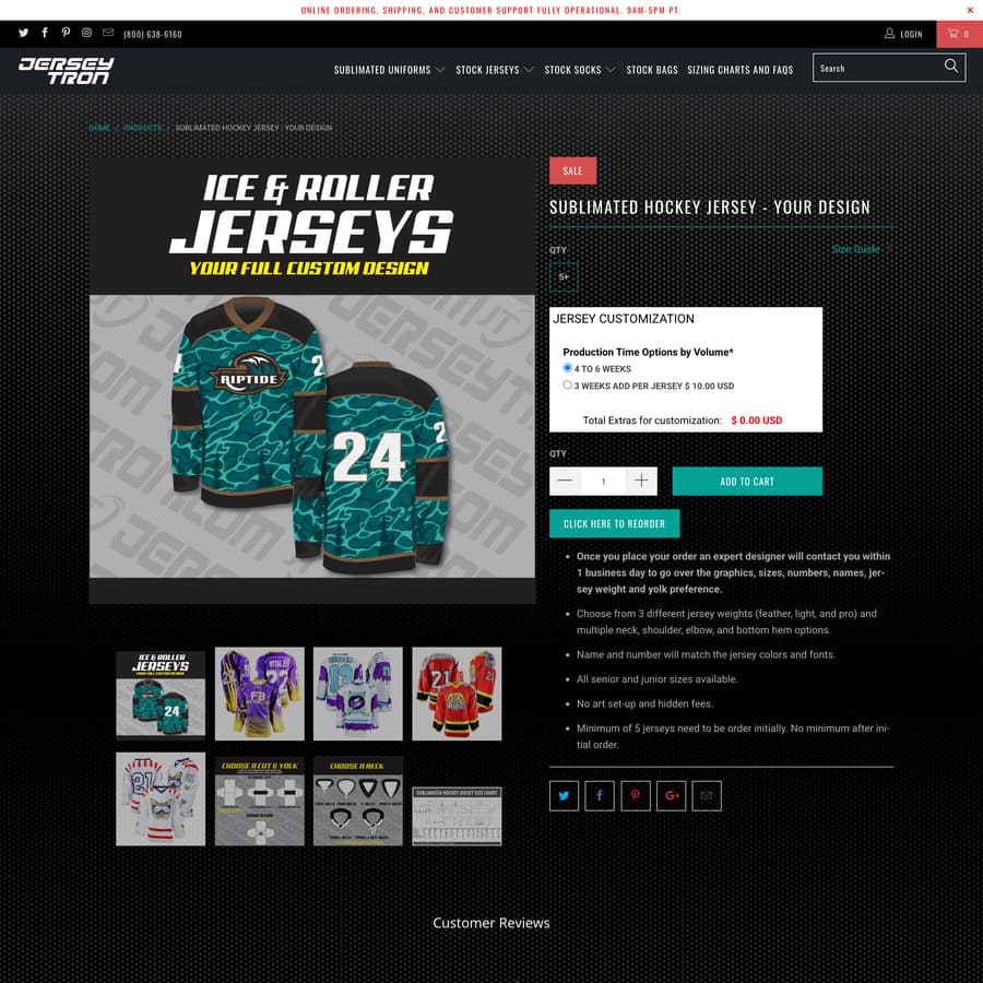 JerseyTron Shopify store product customization example — sports & outdoors with active and apparel