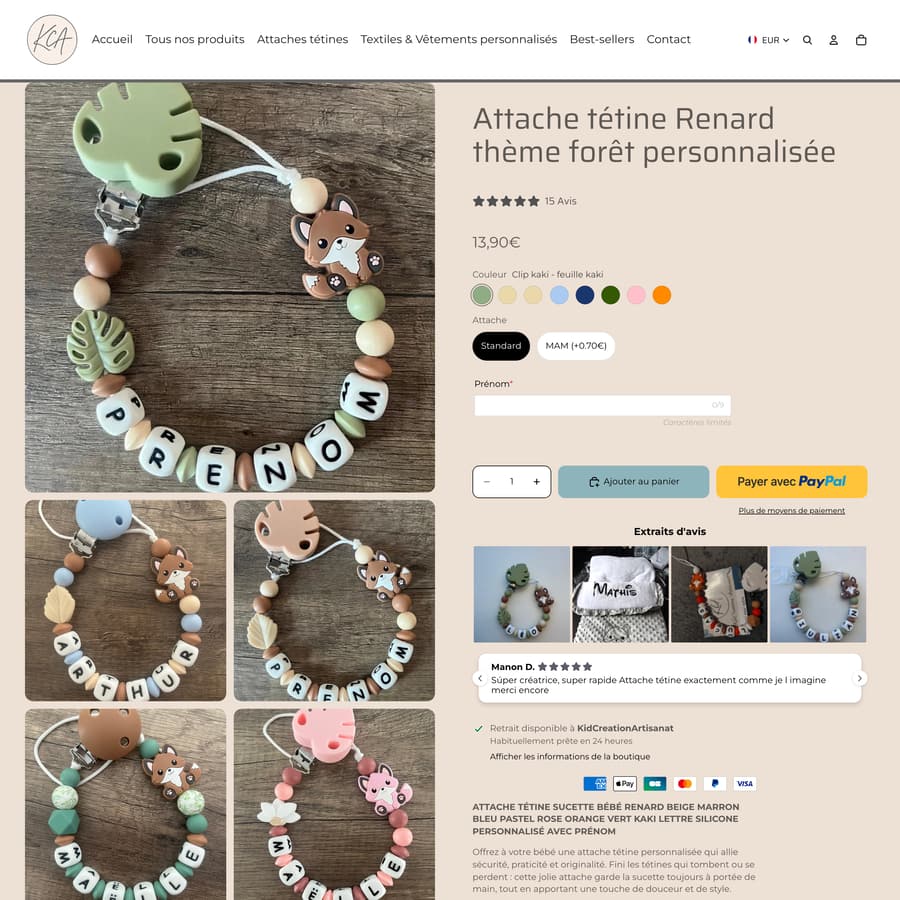 Kid Creation Artisanat Shopify store product customization example — gifts & occasions with gifts and color-picker