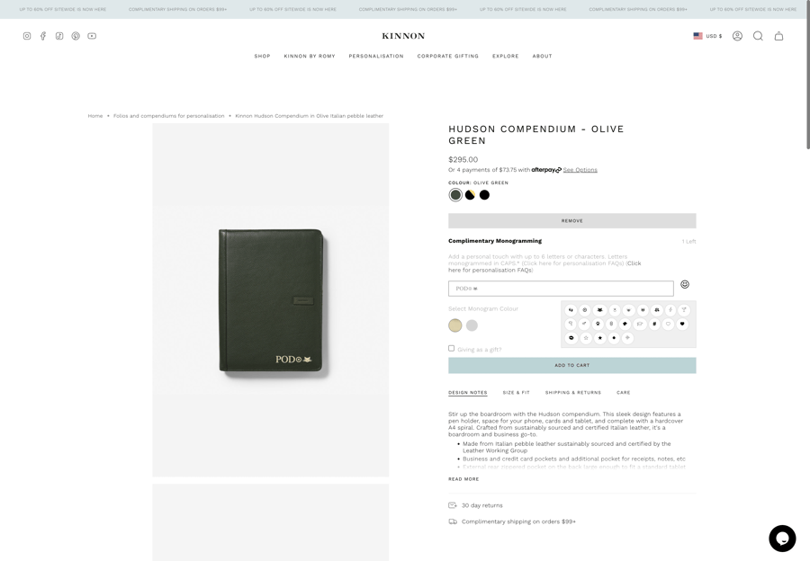 Kinnon Shopify store product customization example — apparel & accessories with personalized and monogram