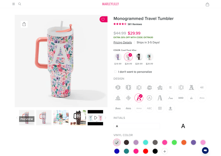 Marleylilly Shopify store product customization example — gifts & occasions with personalized and monogram