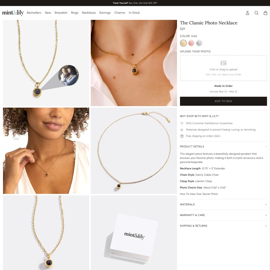Mint & Lily Shopify store product customization example — jewelry with accessories and jewelry