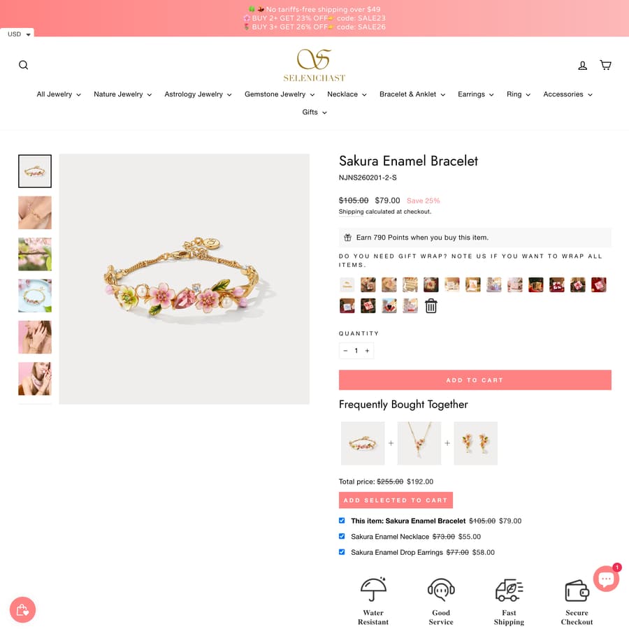 Selenichast Shopify store product customization example — jewelry with accessories and custom-size
