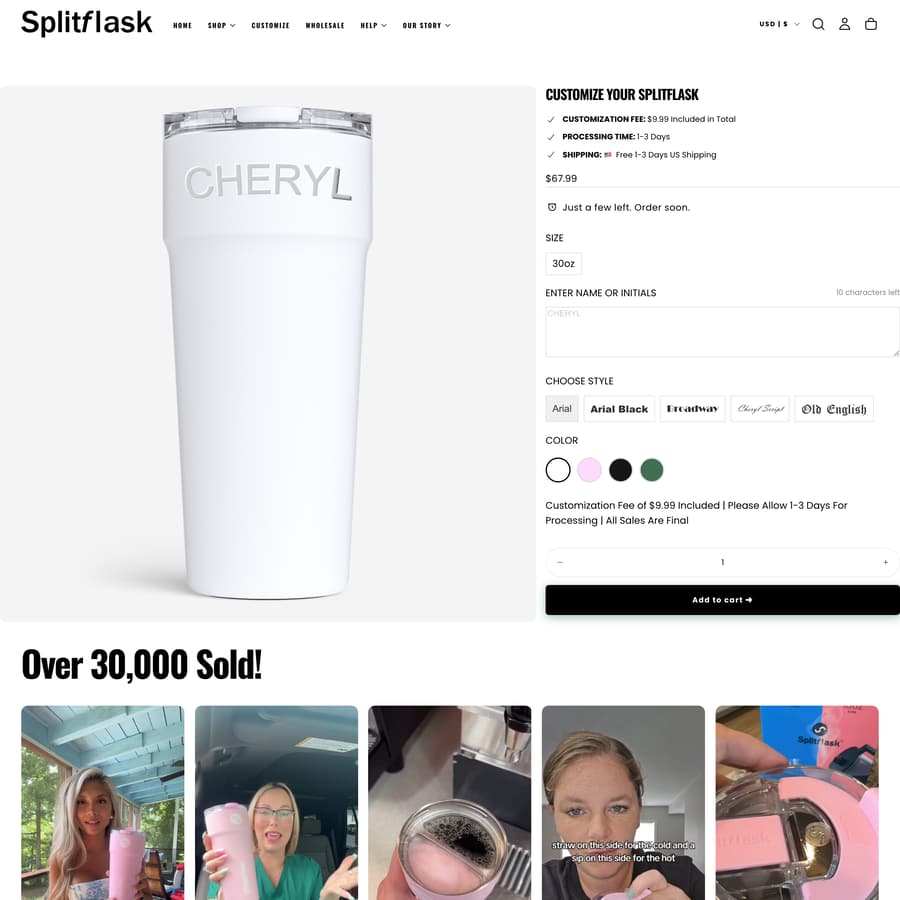 Splitflask: 2-In-1 Stainless Steel Tumbler Shopify store product customization example — gifts & occasions with gifts and live-preview
