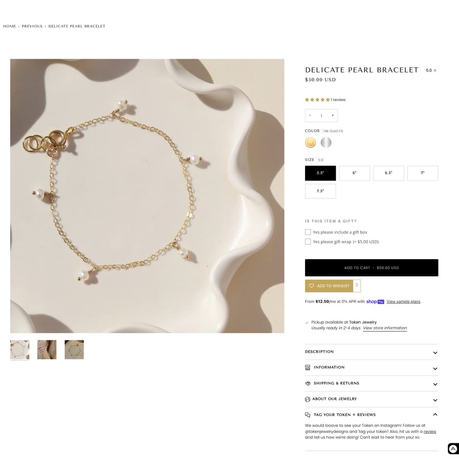 Token Jewelry Shopify store product customization example — jewelry with accessories and custom-size