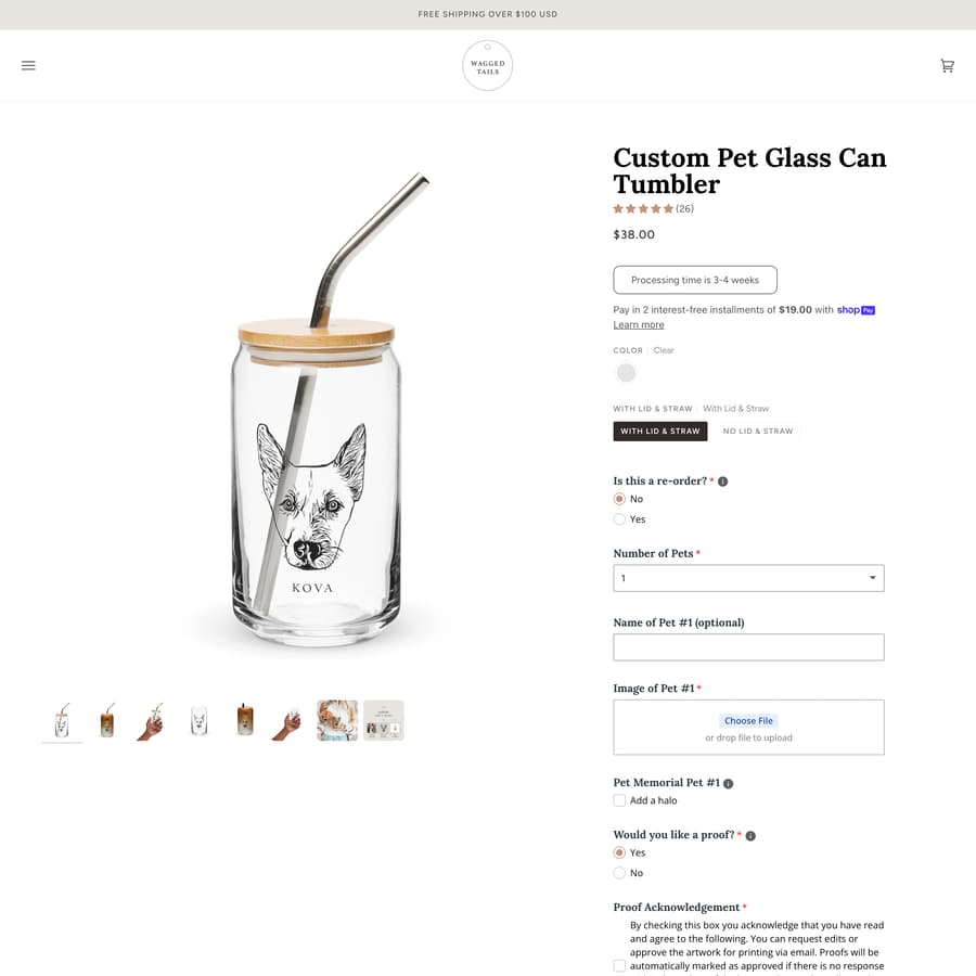 Wagged Tails Shopify store product customization example — pet with apparel and clothing