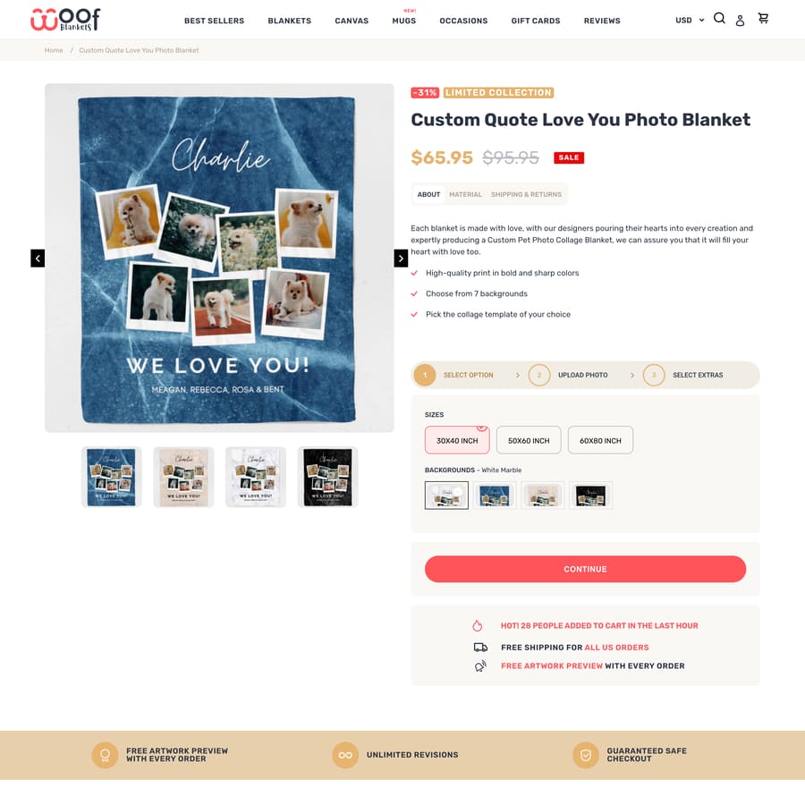 Woof Blankets Shopify store product customization example — home decor with custom-print and custom-size