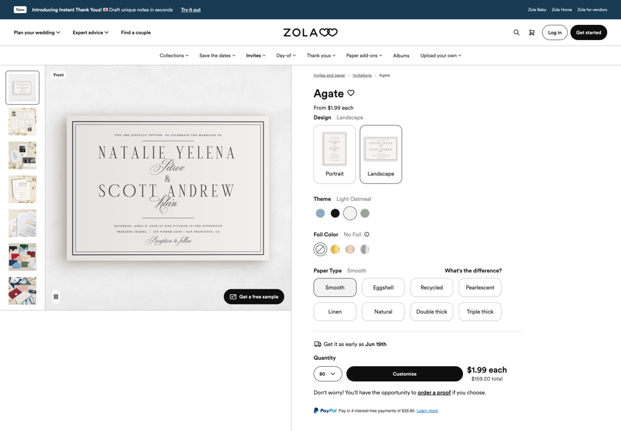 Zola Shopify store product customization example — gifts & occasions with personalized and color-custom