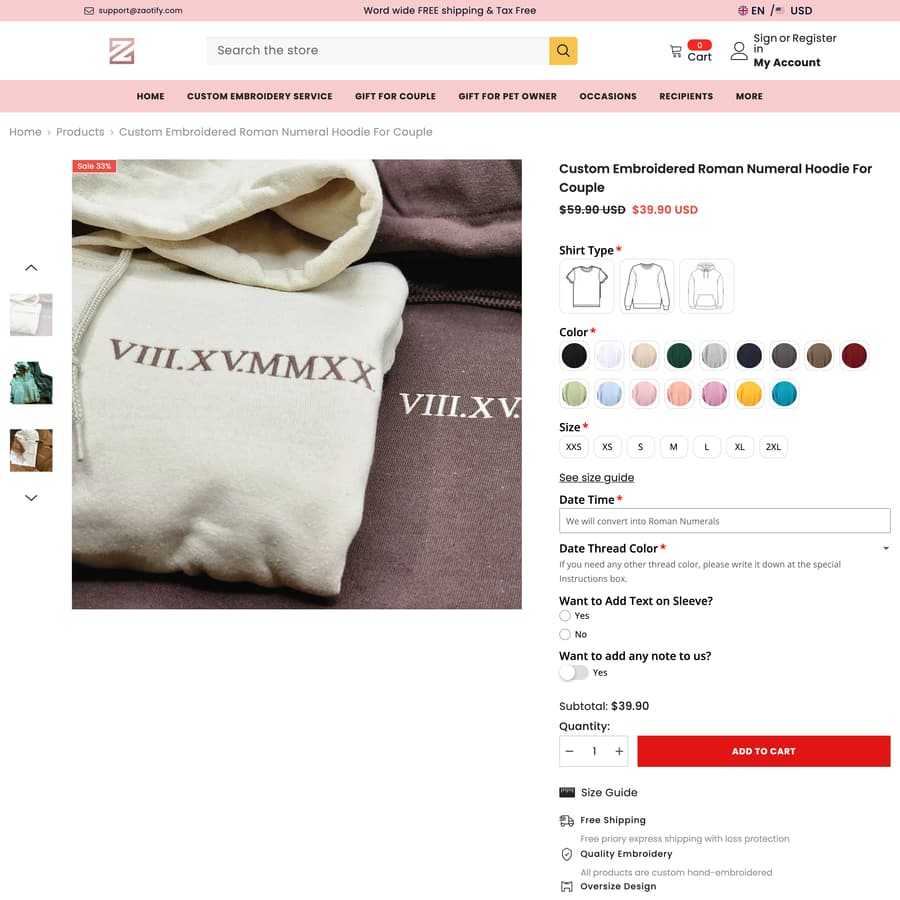 zaotify Shopify store product customization example — apparel with apparel and color-picker