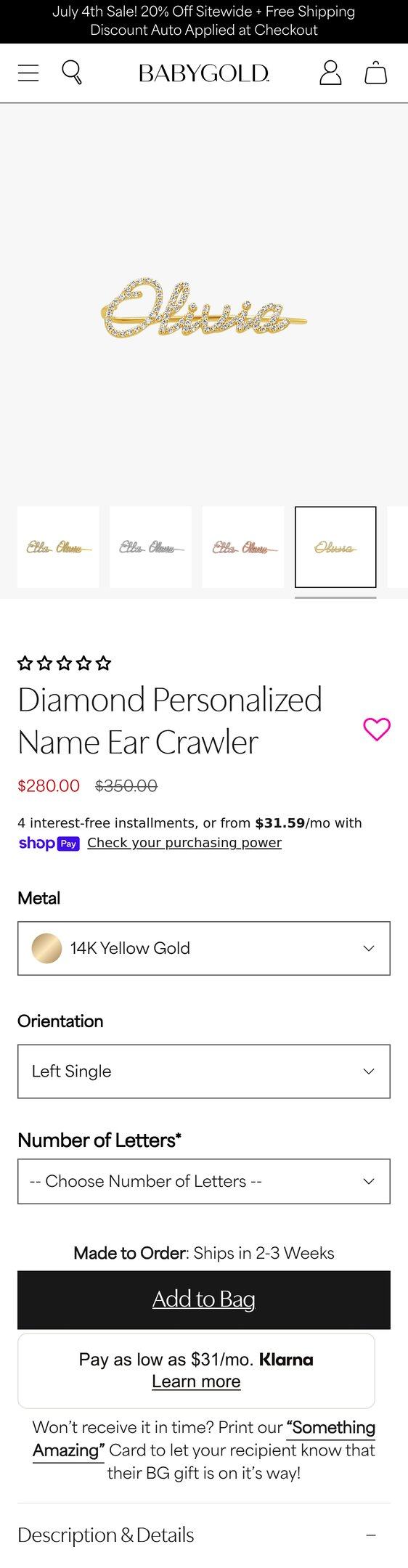 14K Gold Diamond Personalized Name Ear Crawler — Jewelry PDP Inspiration