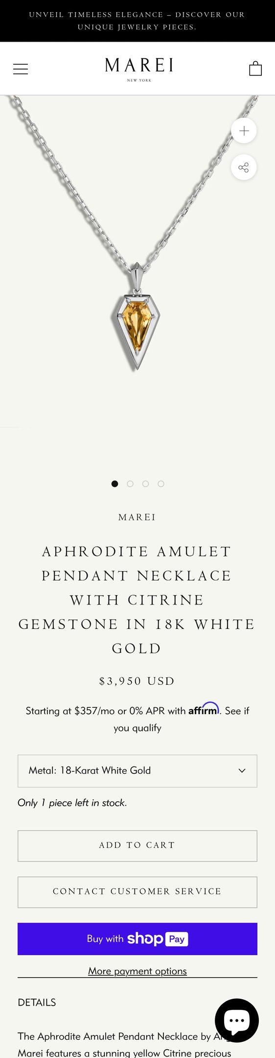 Aphrodite Amulet Pendant Necklace With Citrine Gemstone In 18K White Gold — Jewelry PDP Inspiration