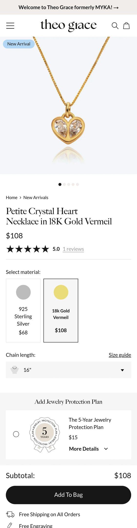 Petite Crystal Heart Necklace in 18K Gold Vermeil — Jewelry PDP Inspiration
