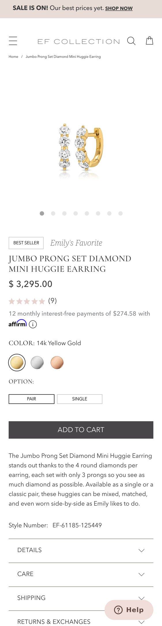 Jumbo Prong Set Diamond Mini Huggie Earring — Jewelry PDP Inspiration