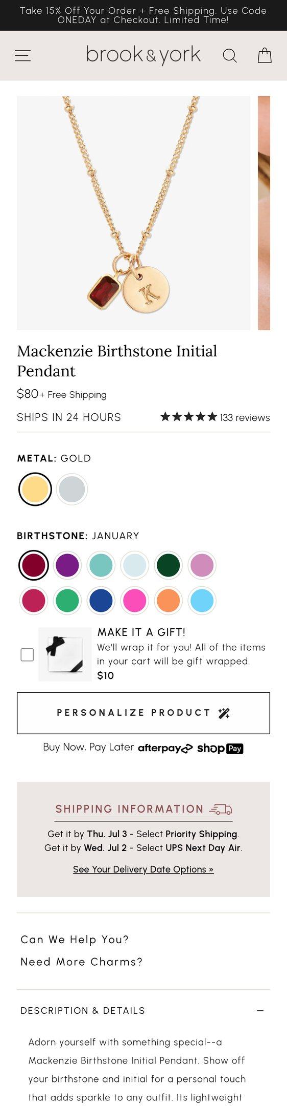 Mackenzie Birthstone Initial Pendant — Jewelry PDP Inspiration