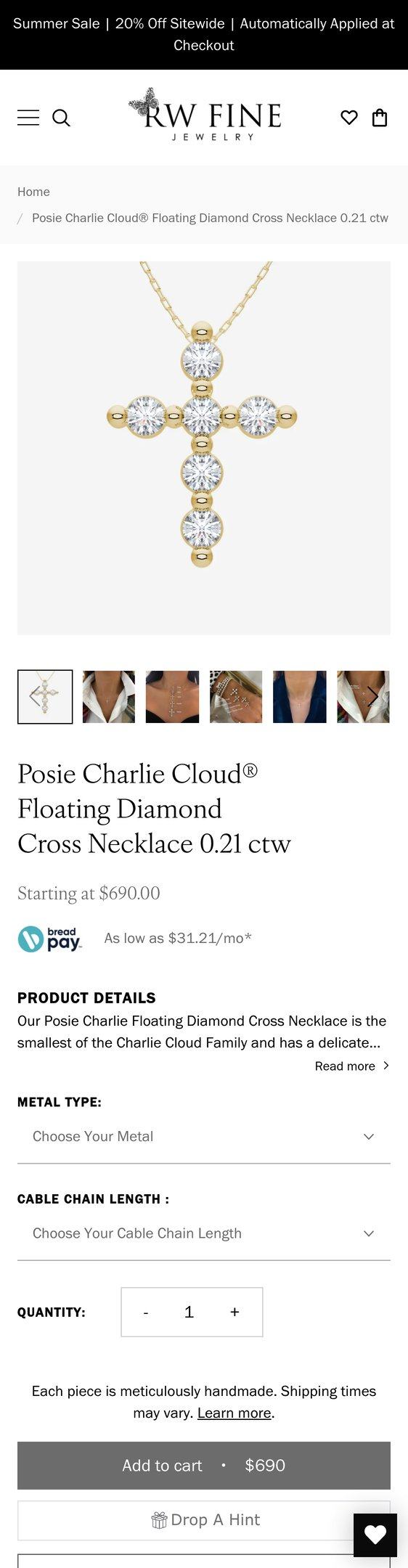 Posie Charlie Cloud® Floating Diamond Cross Necklace 0.21 ctw — Jewelry PDP Inspiration