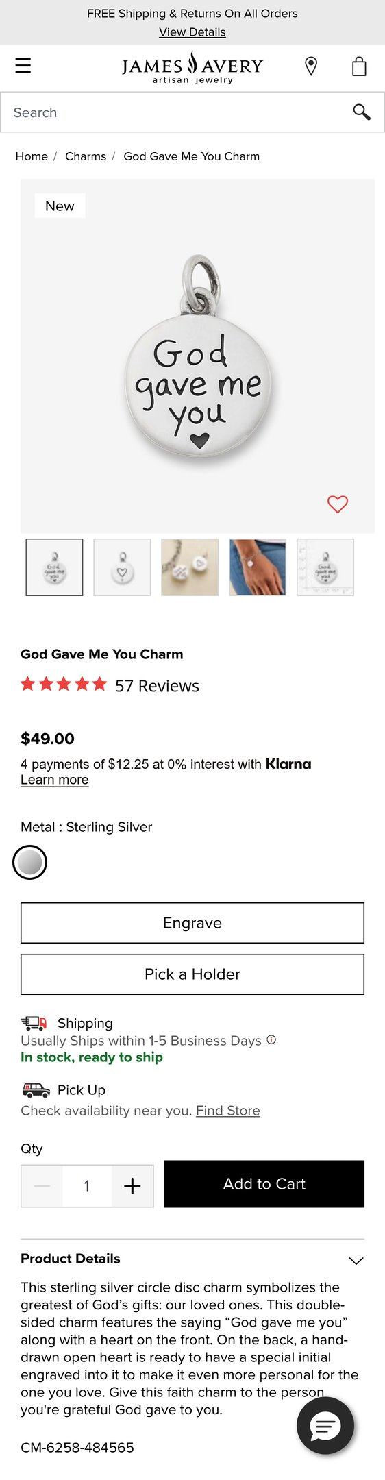 Buy God Gave Me You Charm for USD 49.00 | James Avery — Jewelry PDP Inspiration