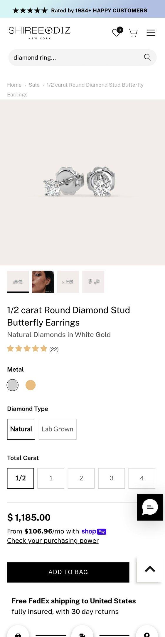 Butterfly Earrings | 1/2 Carat Round Diamond Studs for Women — Jewelry PDP Inspiration
