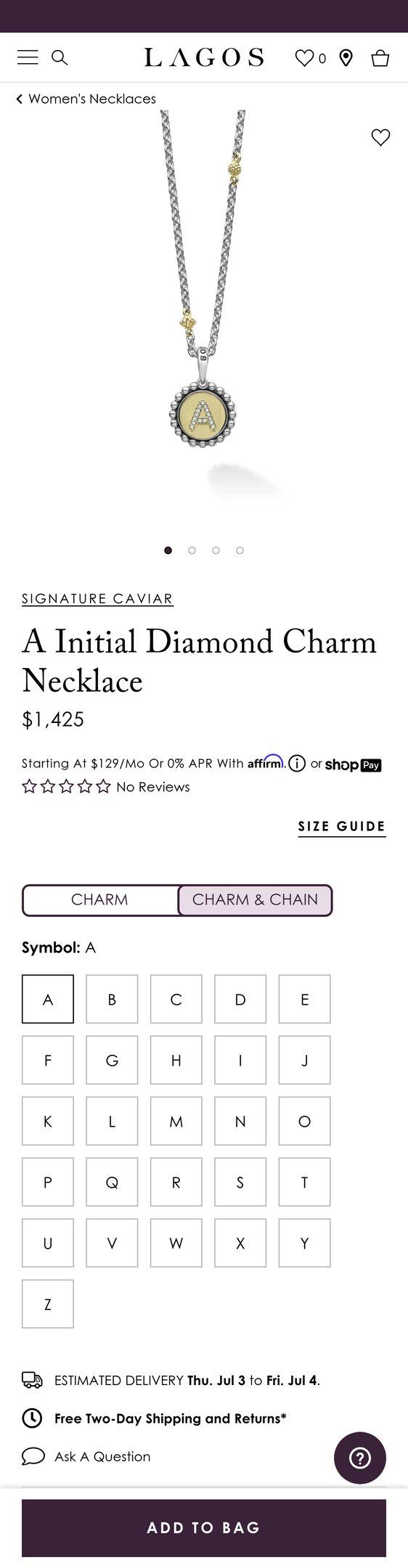 Signature Caviar A Initial Diamond Charm Necklace — Jewelry PDP Inspiration