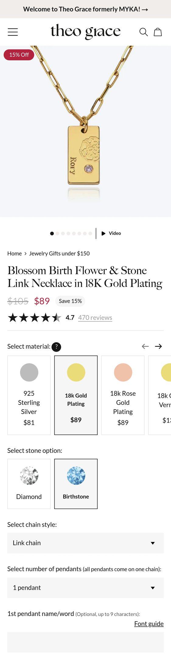 Blossom Birth Flower & Stone Link Necklace in 18K Gold Plating — Jewelry PDP Inspiration