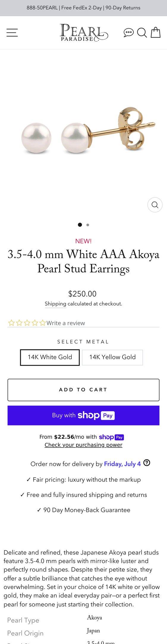3.5-4.0 mm White AAA Akoya Pearl Stud Earrings — Jewelry PDP Inspiration
