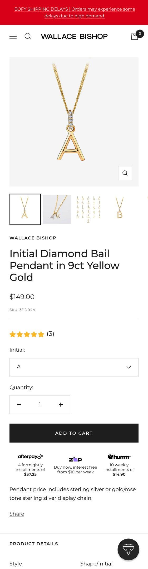 Initial Diamond Bail Pendant in 9ct Yellow Gold — Jewelry PDP Inspiration