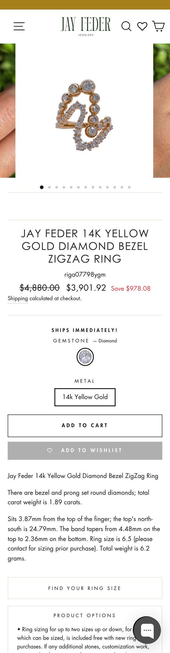 Jay Feder 14k Yellow Gold Diamond Bezel ZigZag Ring — Jewelry PDP Inspiration
