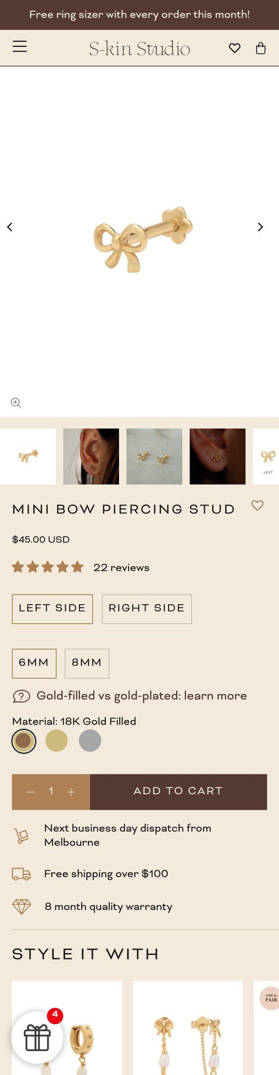 Mini Bow Piercing Stud (18K Gold Filled) | Internally Threaded Earring — Jewelry PDP Inspiration