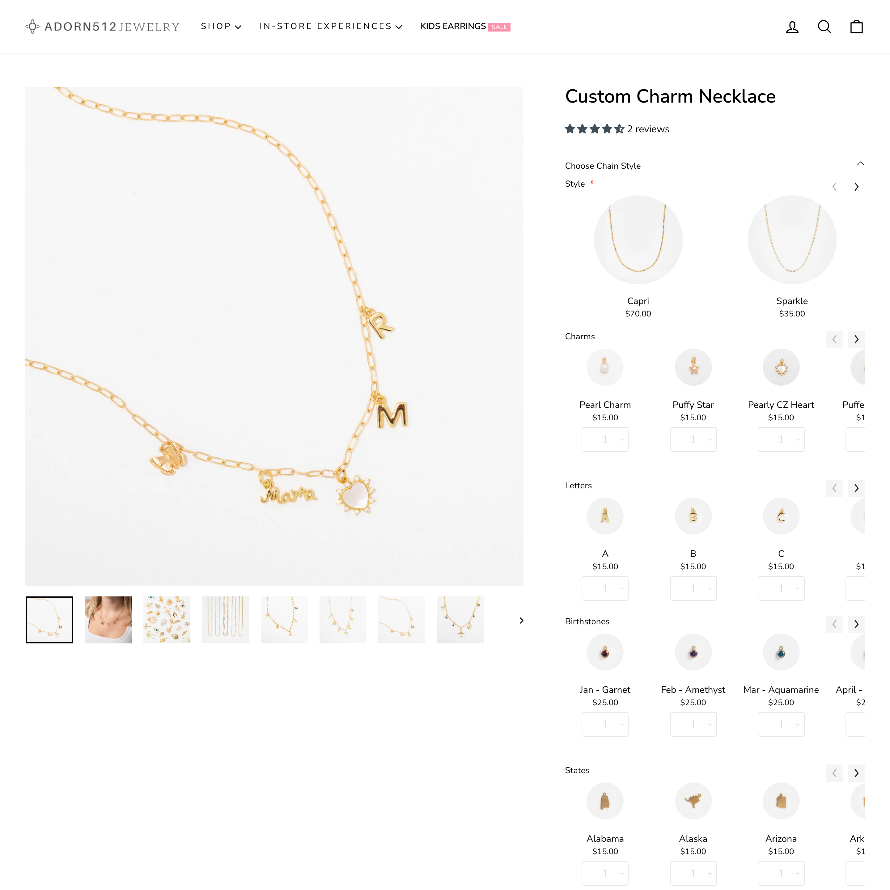 adorn512 Shopify store product customization example — jewelry with accessories and custom-built