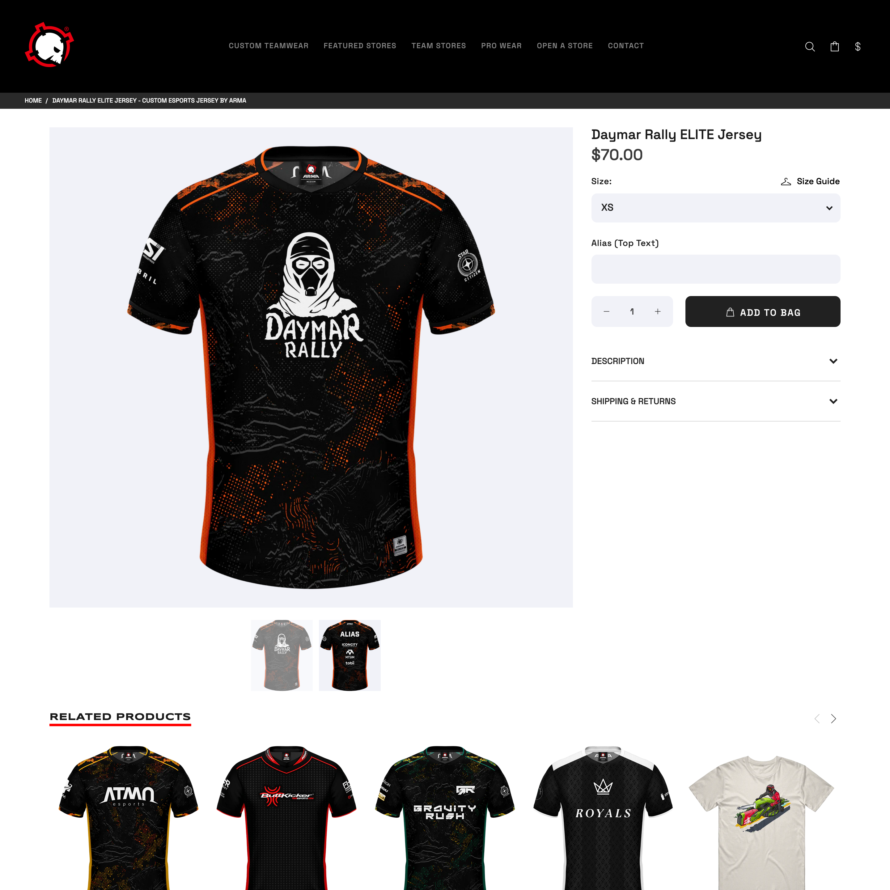 ARMA Shopify store product customization example — apparel with active and apparel