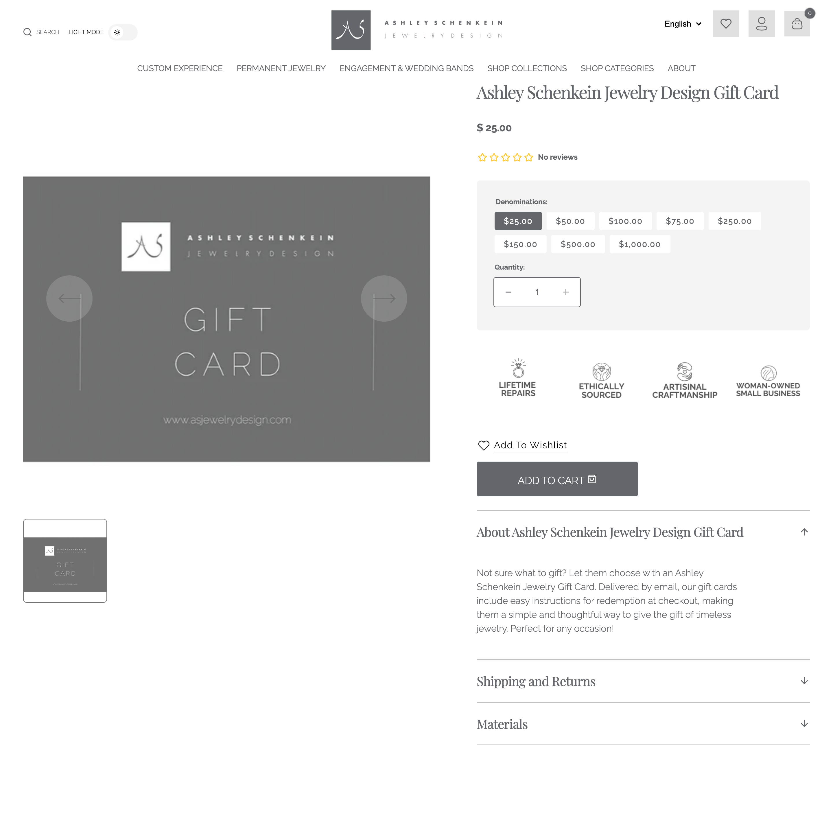 Ashley Schenkein Jewelry Design Shopify store product customization example — gifts & occasions with accessories and jewelry