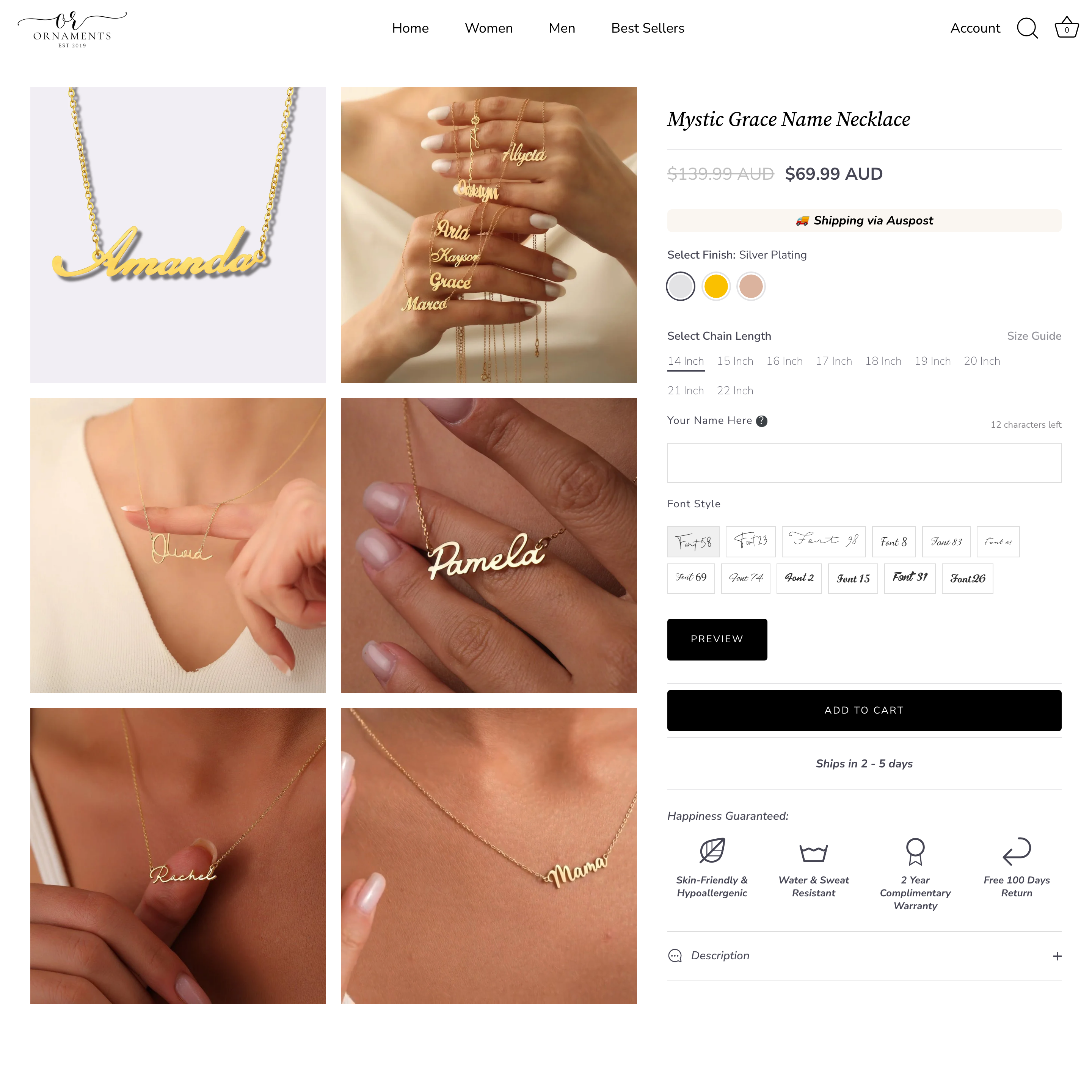 Ornaments Co Shopify store product customization example — jewelry with accessories and custom-size