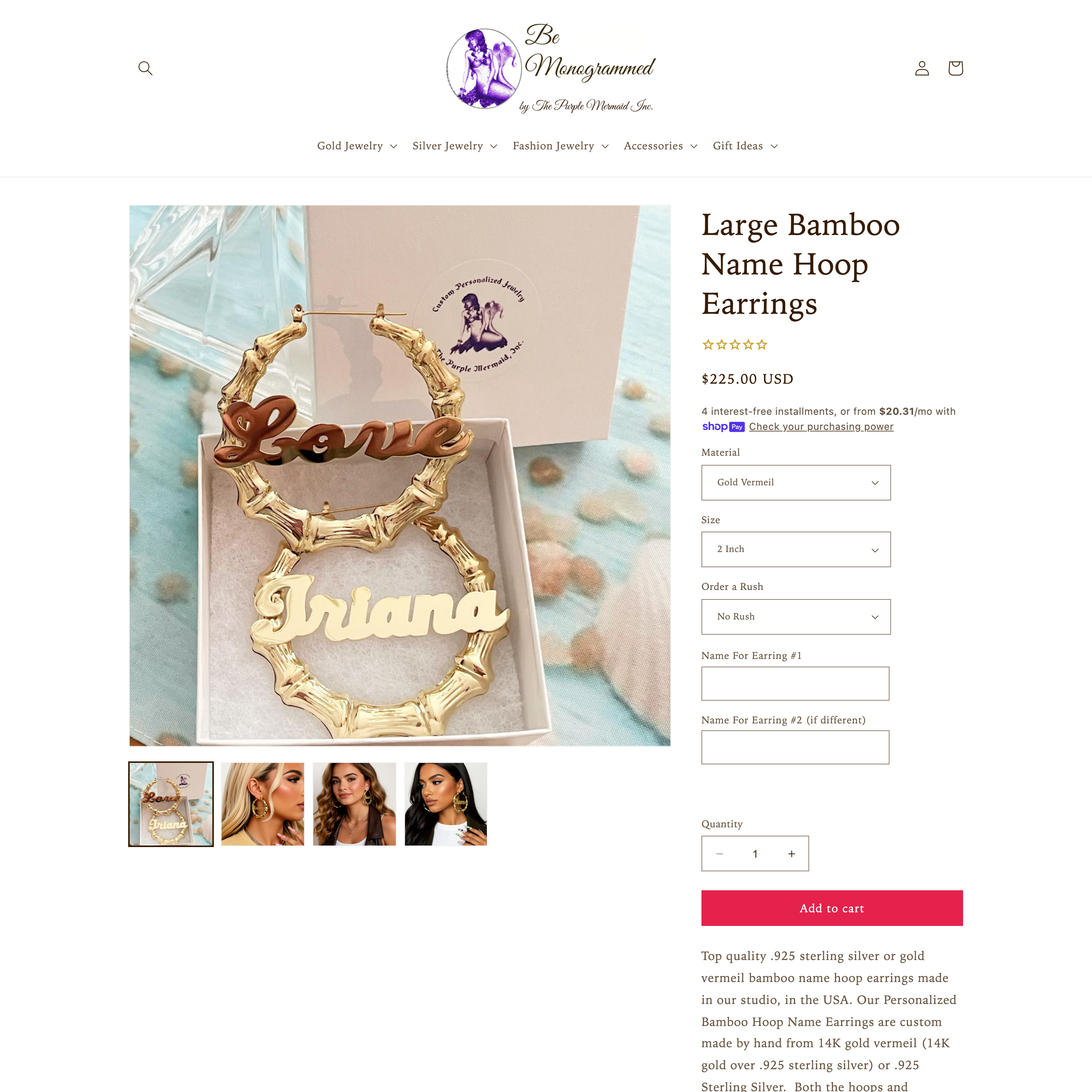 Be Monogrammed Shopify store product customization example — jewelry with accessories and custom-size