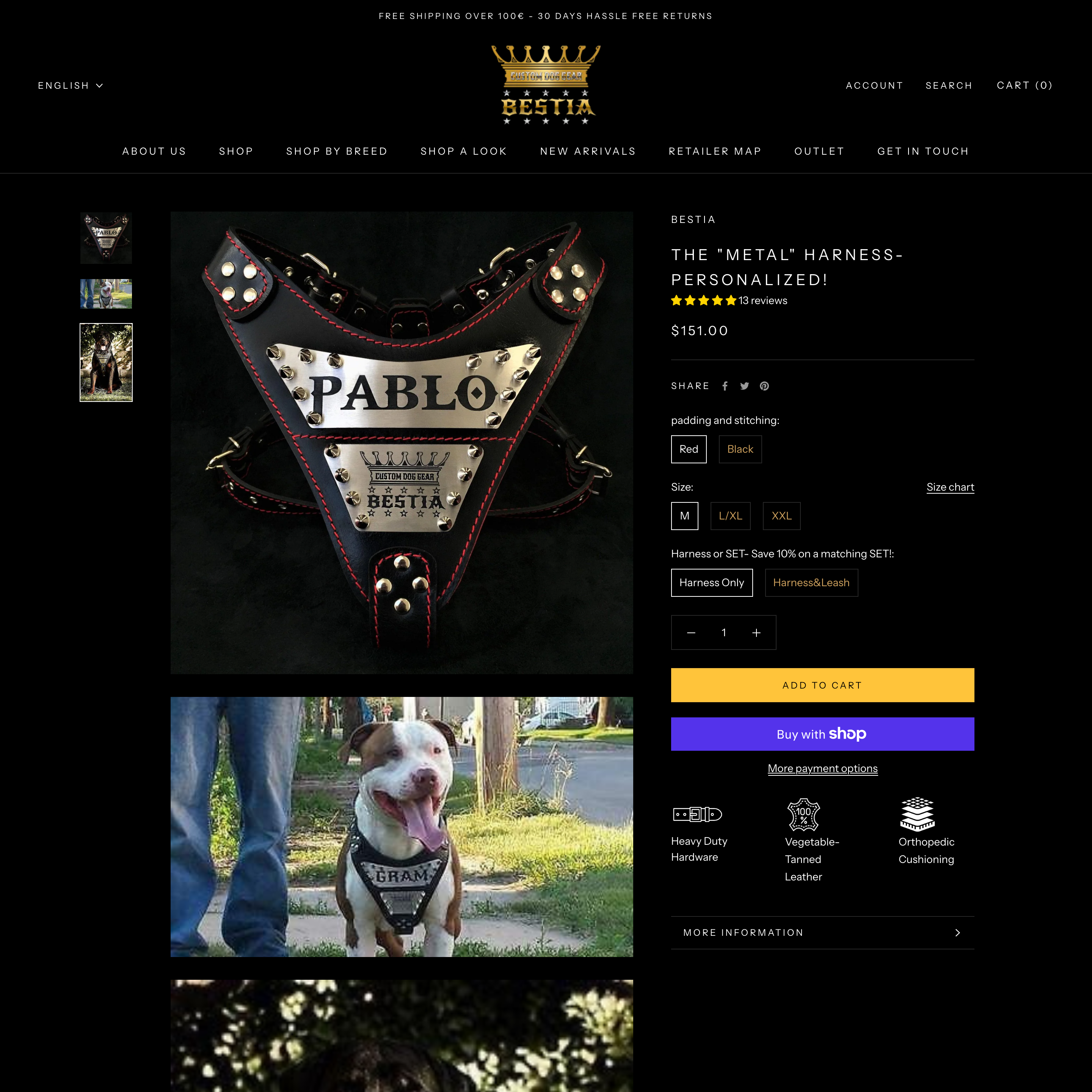 Bestia Collars Shopify store product customization example — pet with animals and custom-size