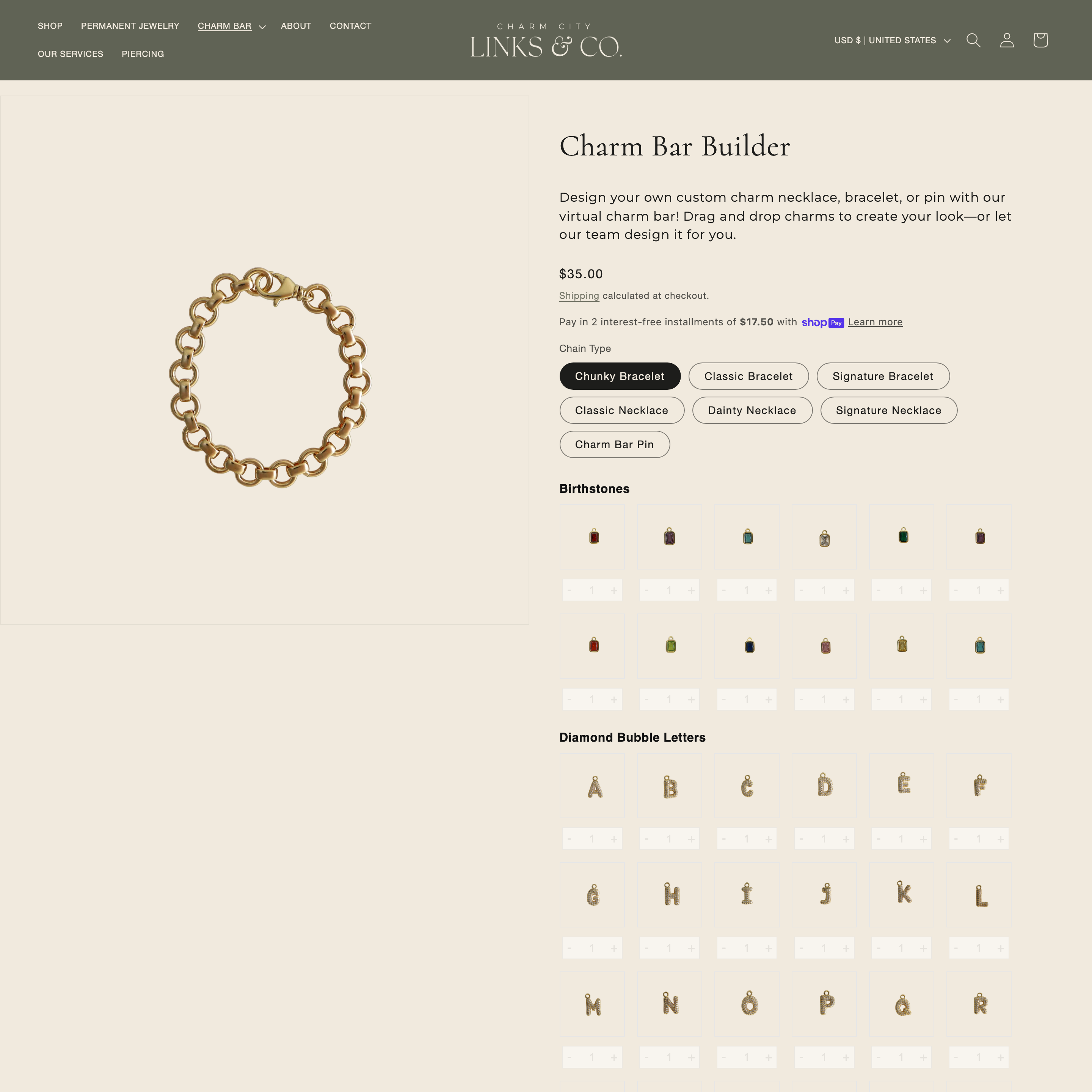 Charm City Links Shopify store product customization example — jewelry with accessories and custom-built