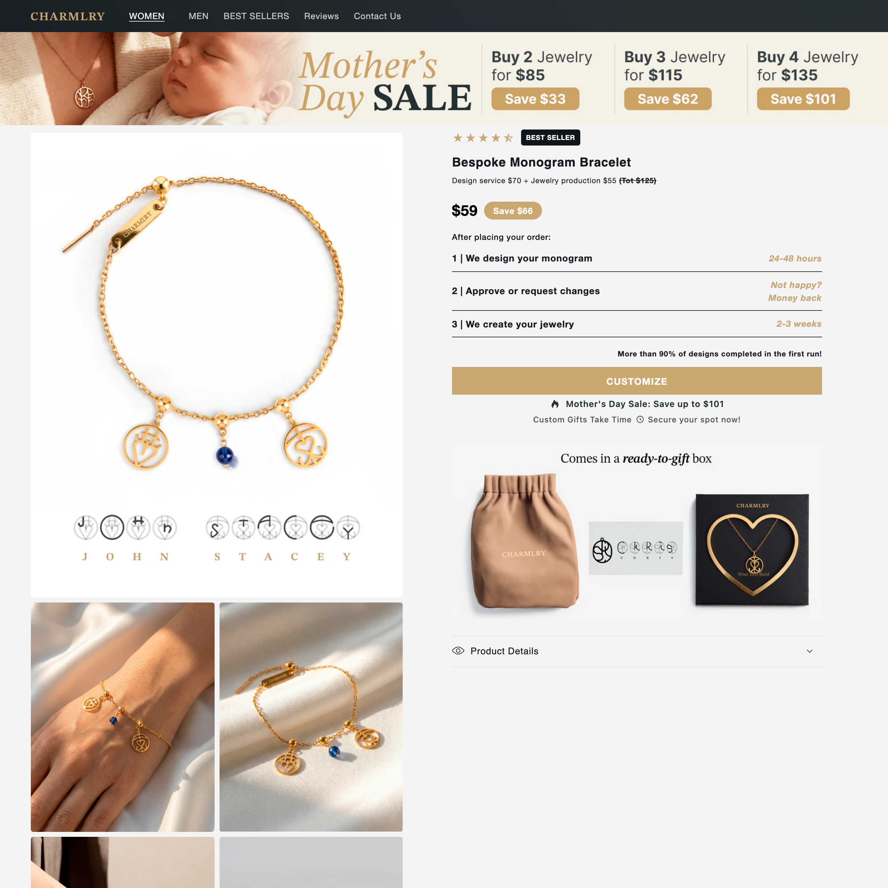 Charmlry Shopify store product customization example — jewelry with monogram