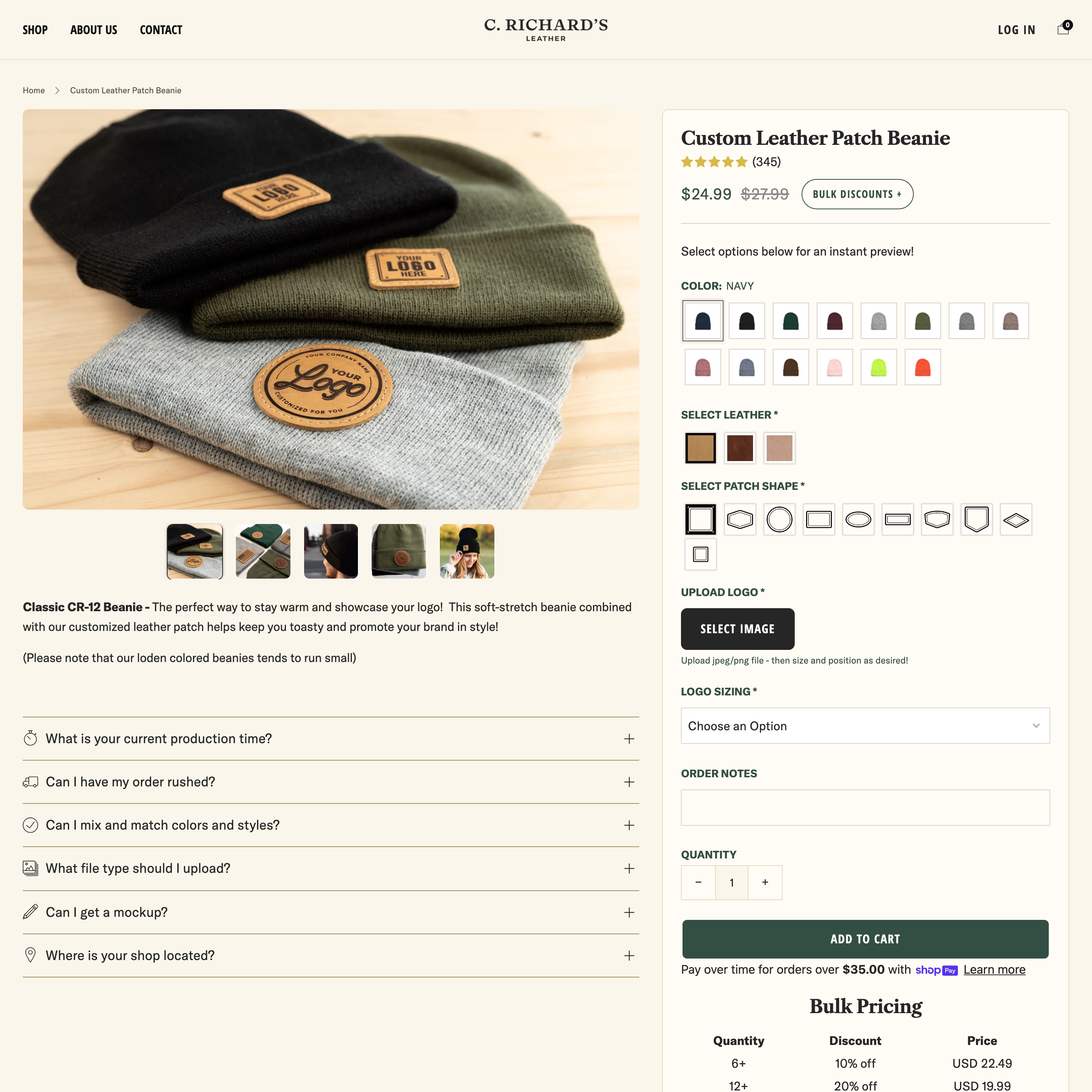 C. Richard's Leather Shopify store product customization example — apparel with apparel and clothing