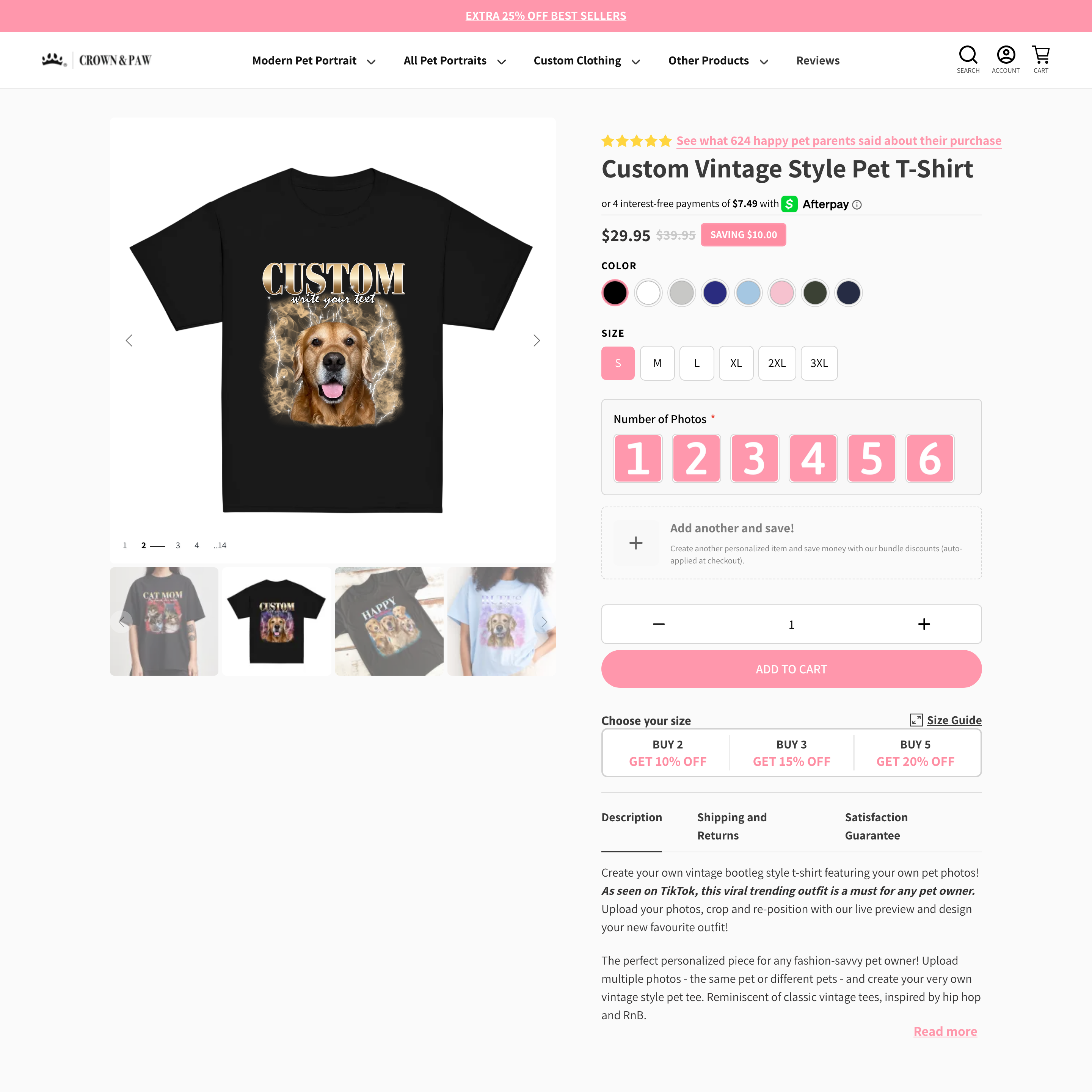 Crown & Paw Shopify store product customization example — pet with apparel and clothing