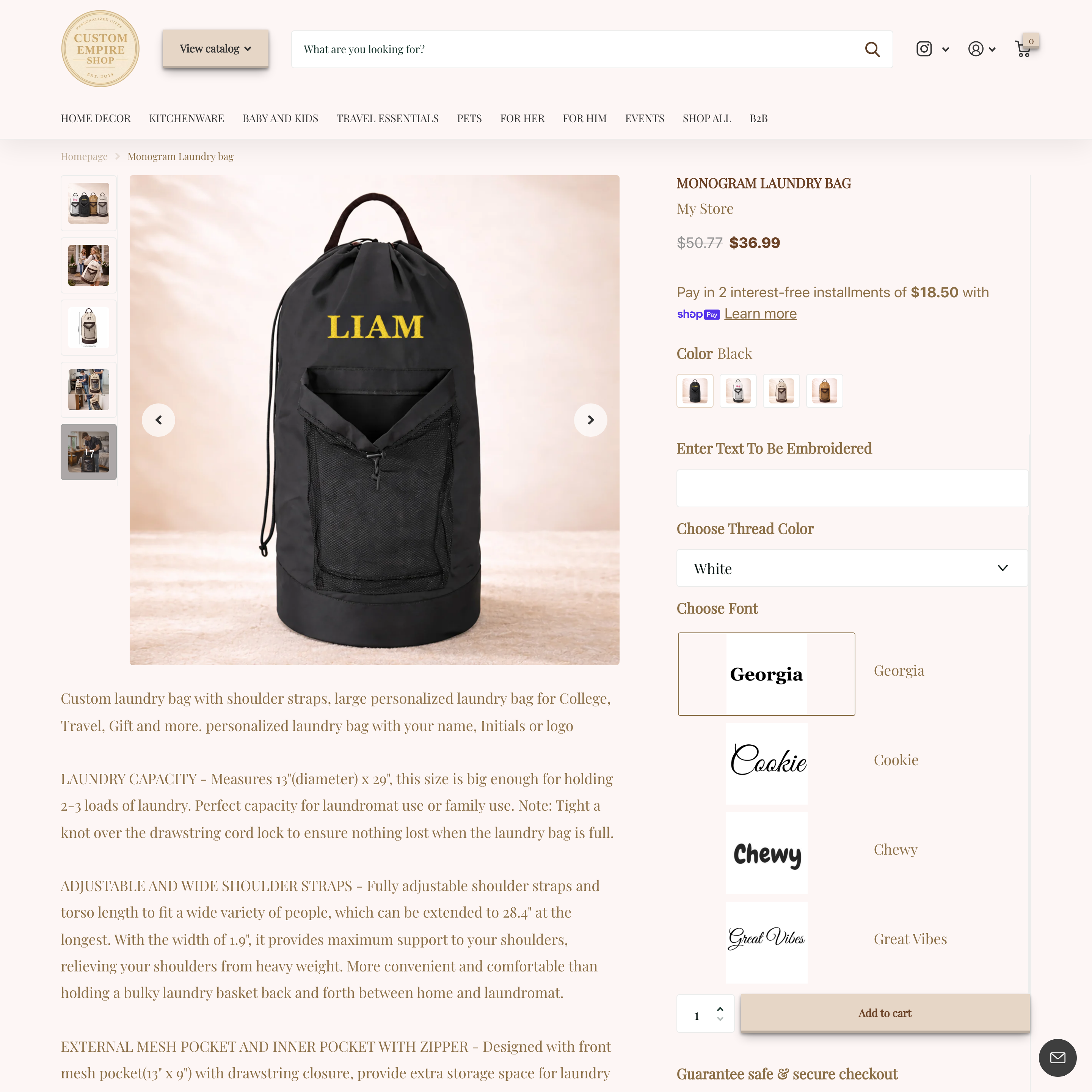 Custom Empire Shopify store product customization example — home decor with apparel and clothing