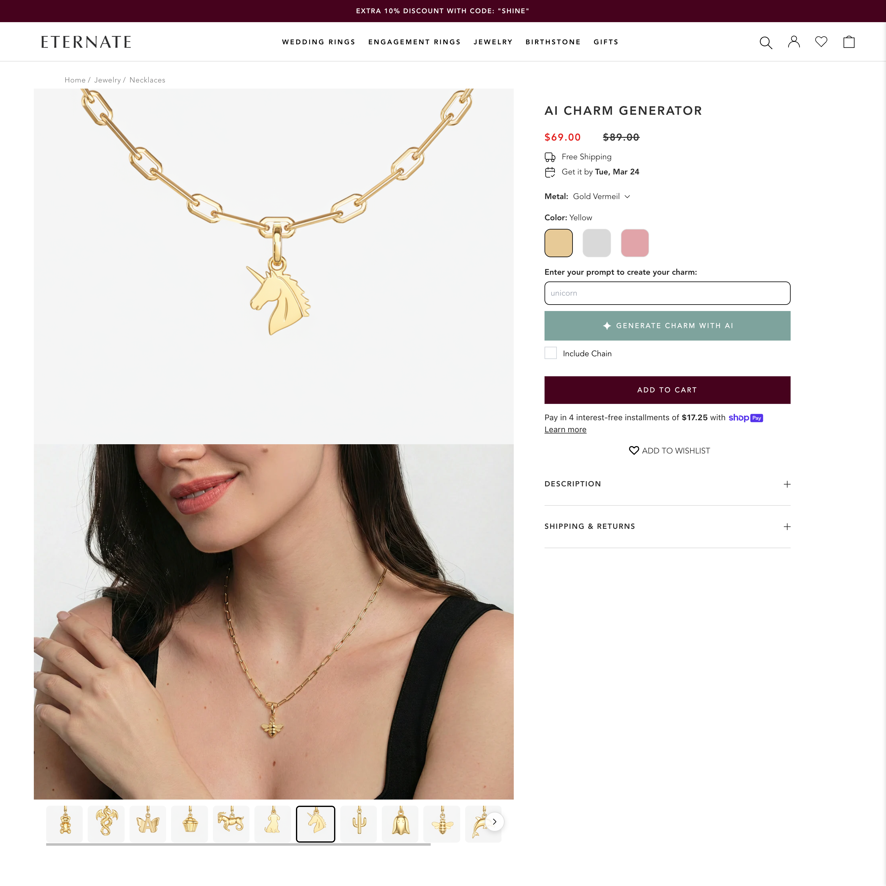 Eternate Shopify store product customization example — jewelry with accessories and color-custom