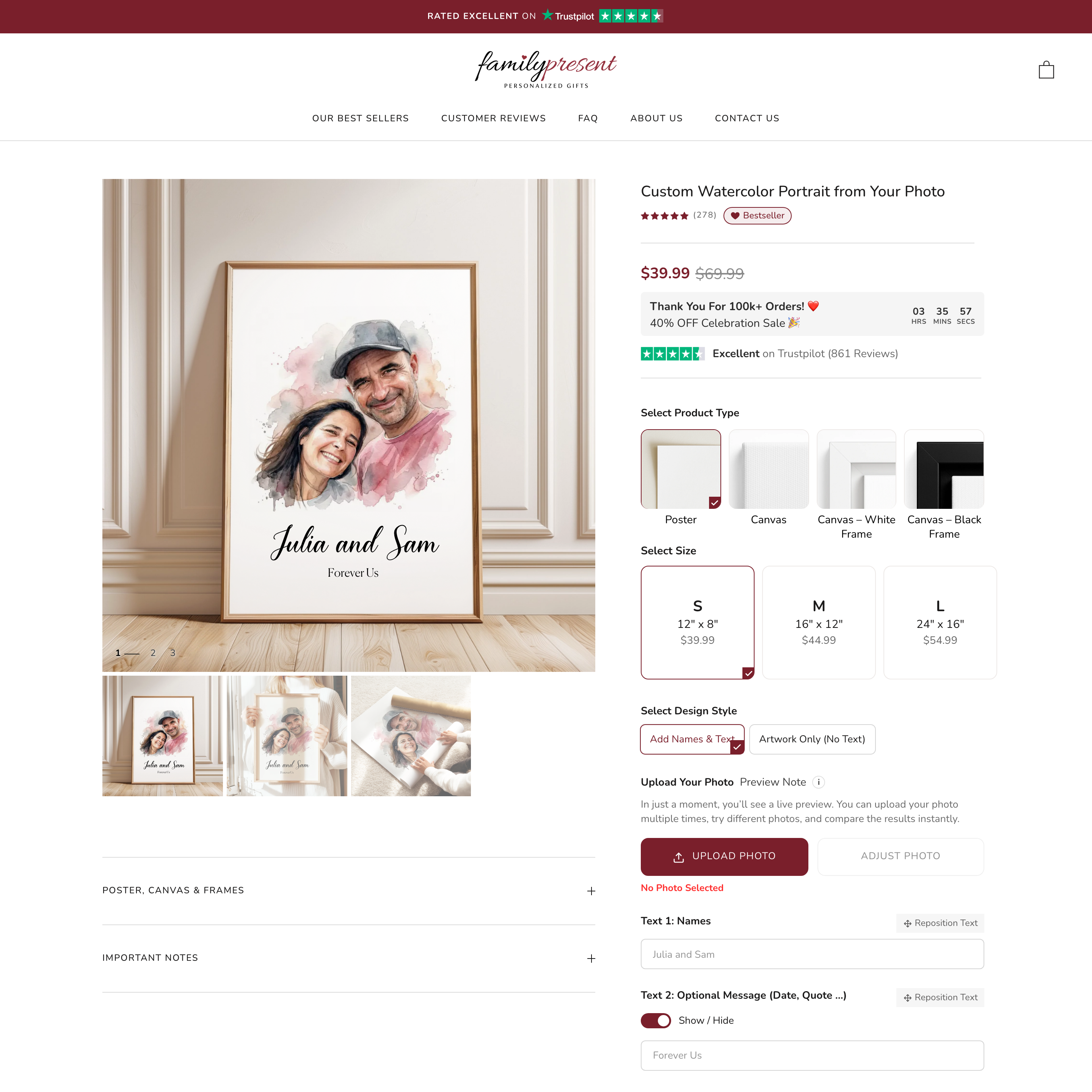 familypresent Shopify store product customization example — home decor with decor and engraving