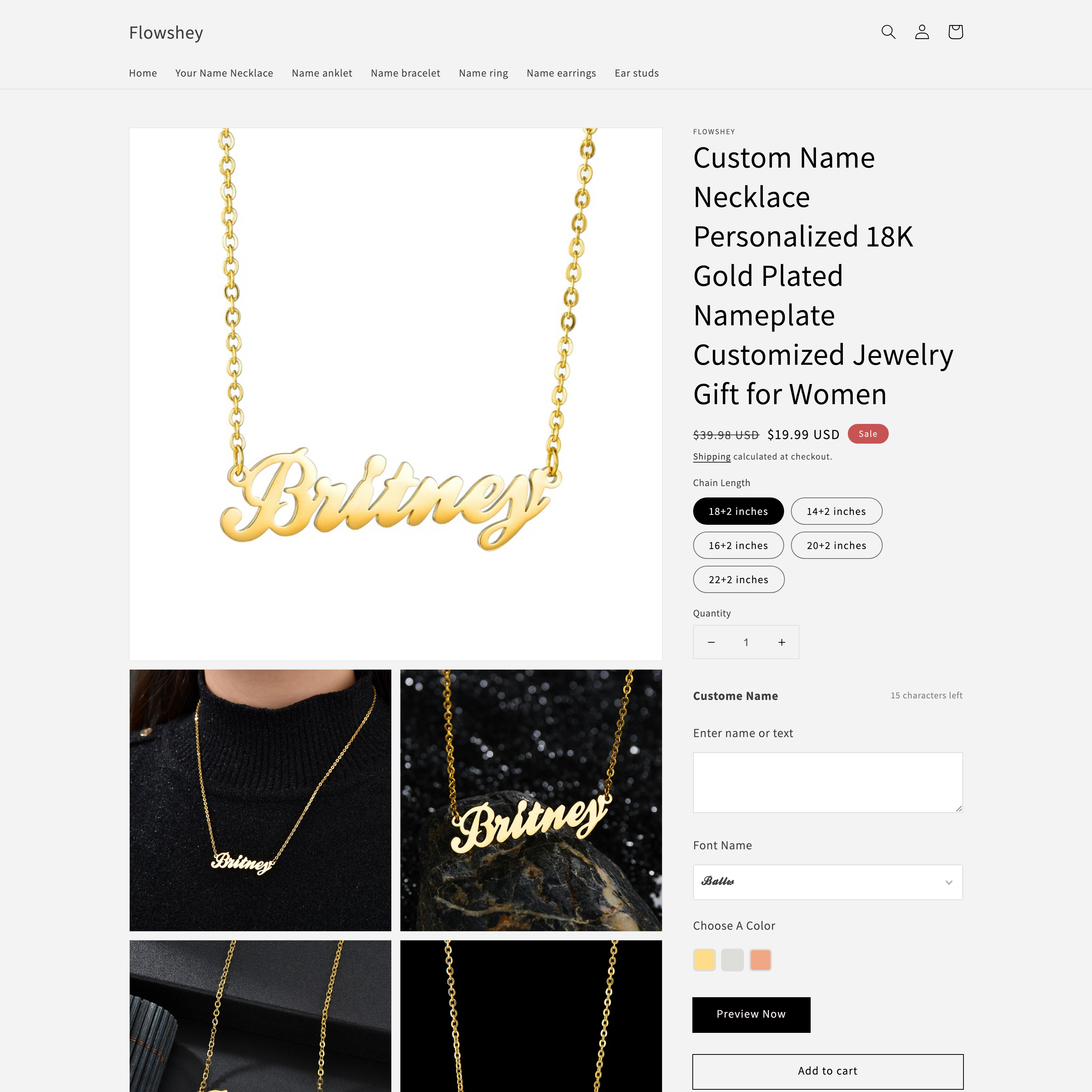 Flowshey Shopify store product customization example — jewelry with accessories and custom-size