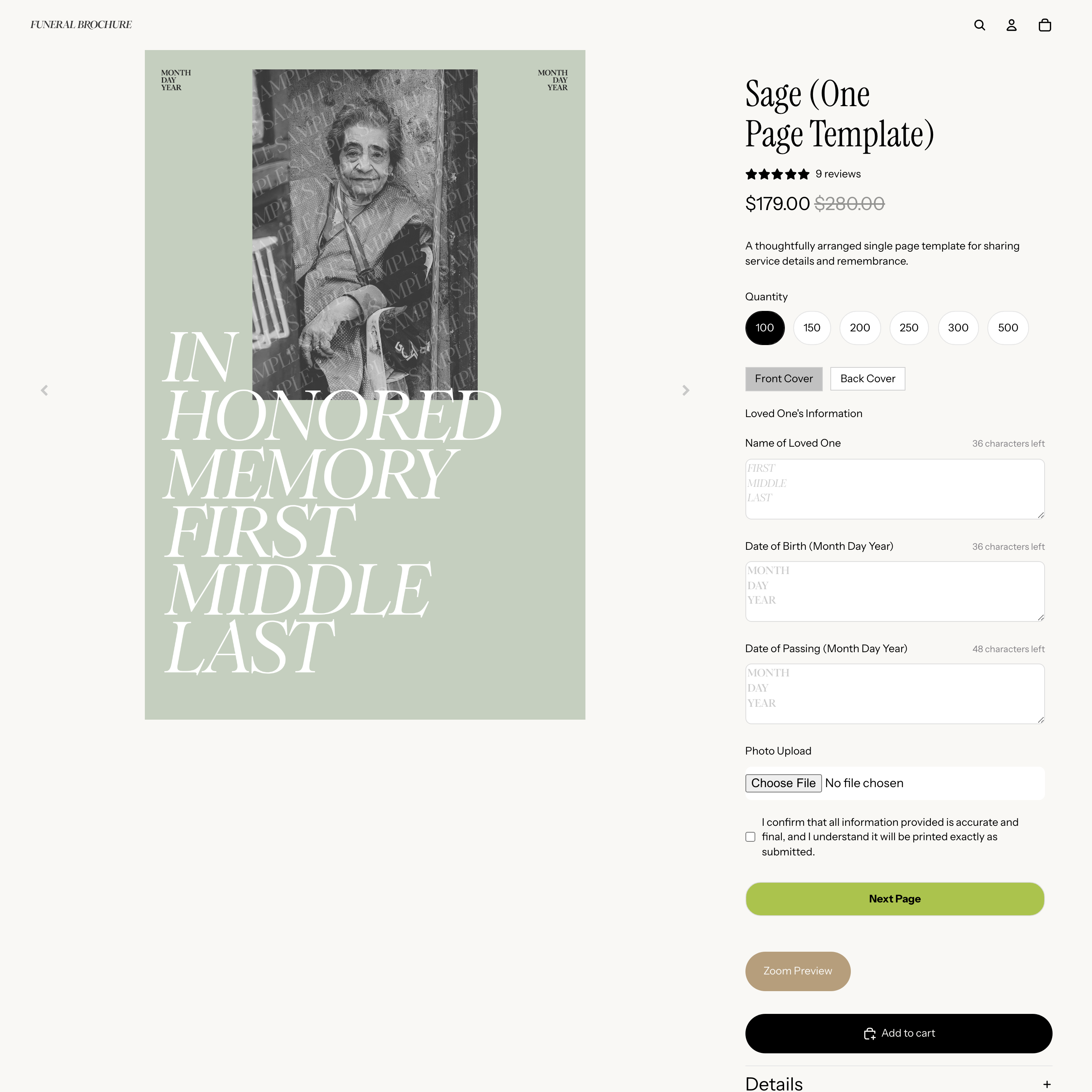 Funeral Brochure Shopify store product customization example — gifts & occasions with gifts and personalized