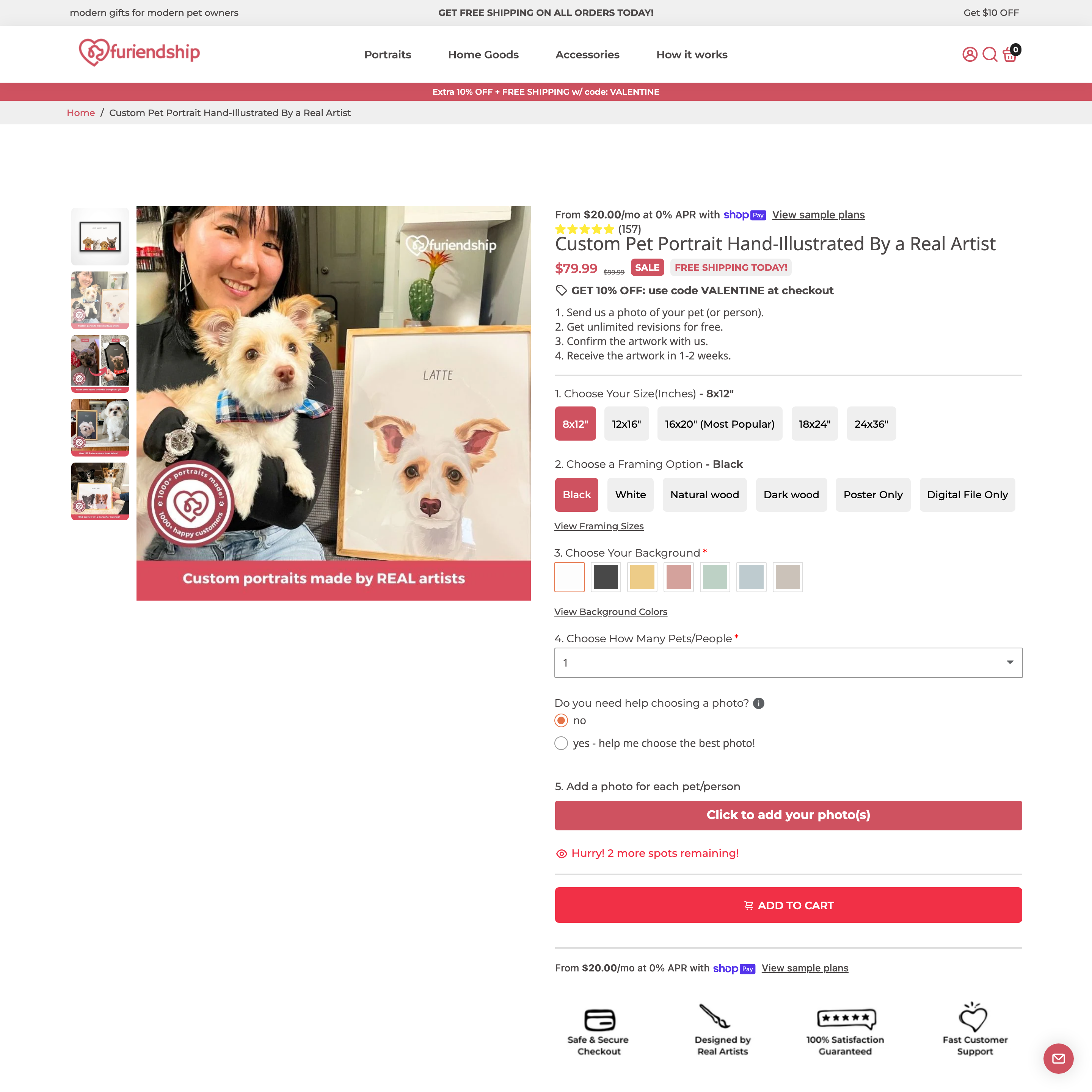 Furiendship Shopify store product customization example — pet with custom-print and custom-size