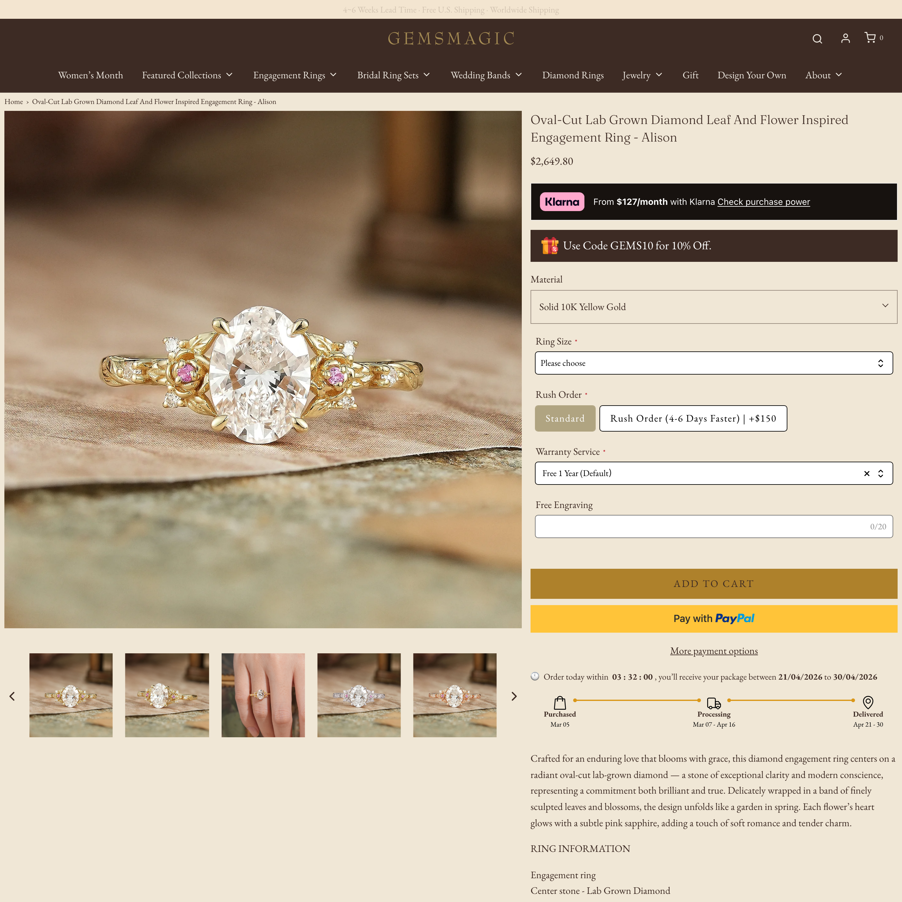 GemsMagic Shopify store product customization example — jewelry with accessories and custom-size