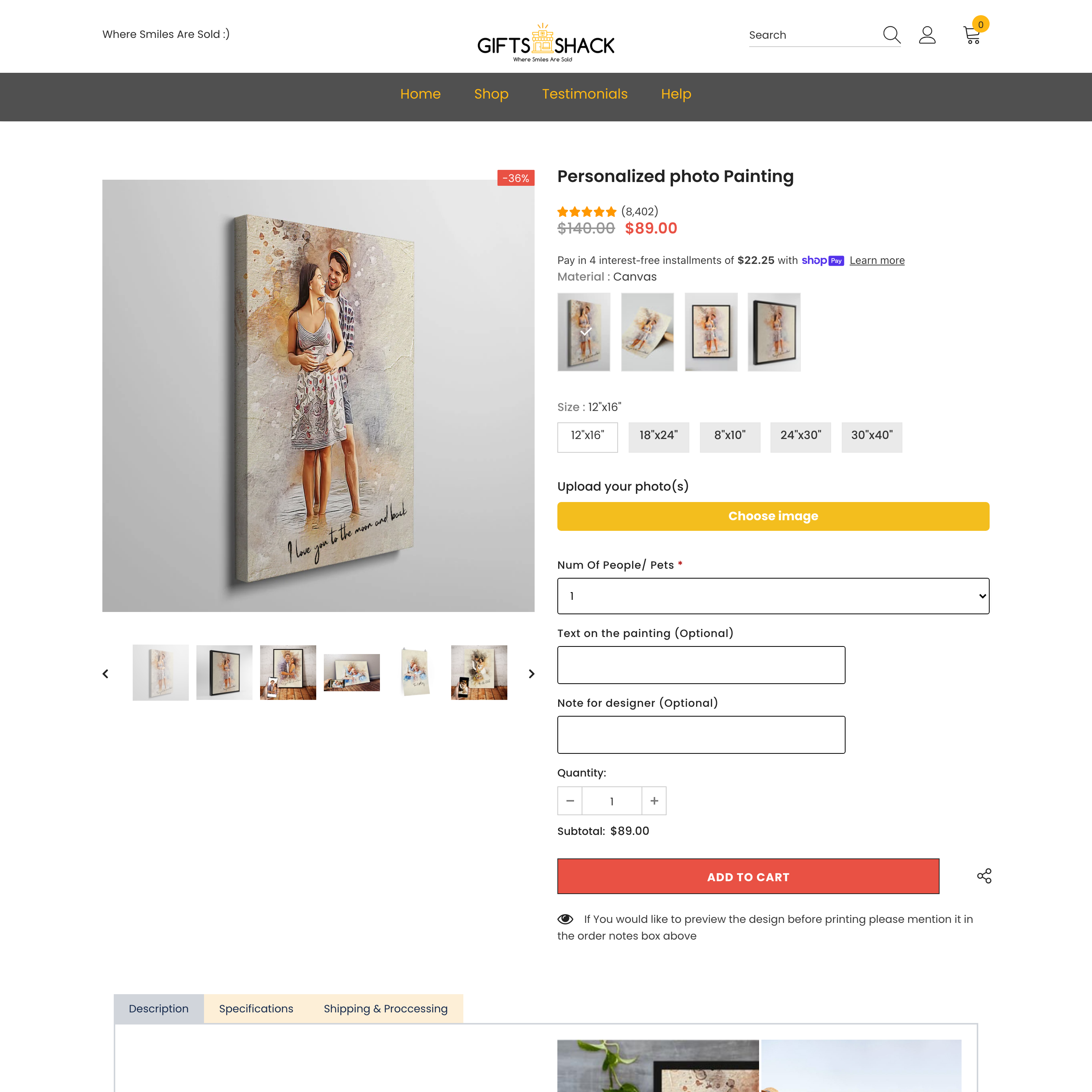 Gifts Shack Shopify store product customization example — gifts & occasions with color-custom and custom-print